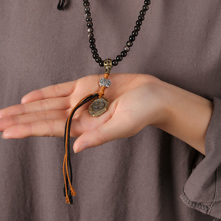 Buddha Stones Collar de cuentas tejido a mano con diseño de Garuda y brillo plateado de obsidiana. - image 10