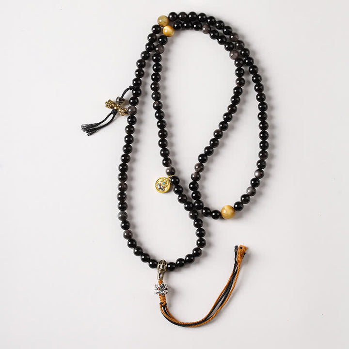Buddha Stones Collar de cuentas tejido a mano con diseño de Garuda y brillo plateado de obsidiana. - Garuda (Protección ♥ Poder espiritual) - Obsidiana con brillo plateado (Protección♥Calmante) - image 1