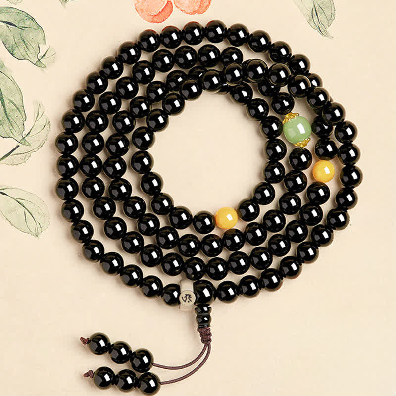 Buddha Stones Mala de obsidiana negra con borla de 108 cuentas, protección del zodíaco chino, pulida a mano. - Bodhisattva del Vacío del Buey/Tigre - 8 mm - image 1
