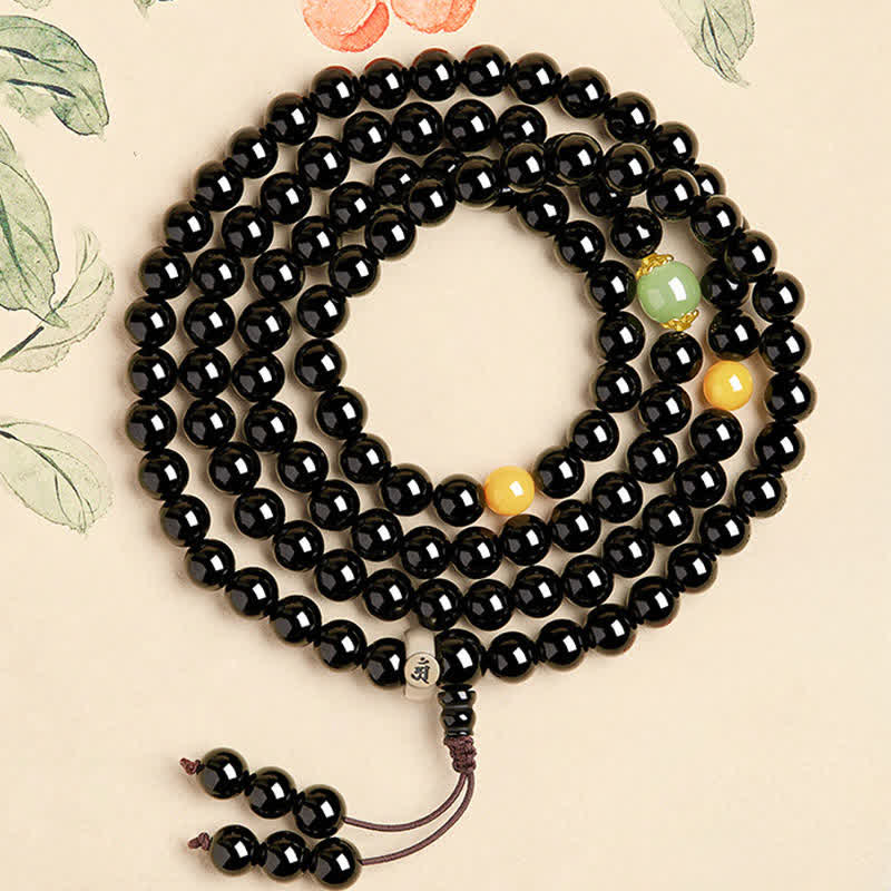 Buddha Stones Mala de obsidiana negra con borla de 108 cuentas, protección del zodíaco chino, pulida a mano. - Dragón/Serpiente-Samantabhadra Bodhisattva - 8 mm - image 3