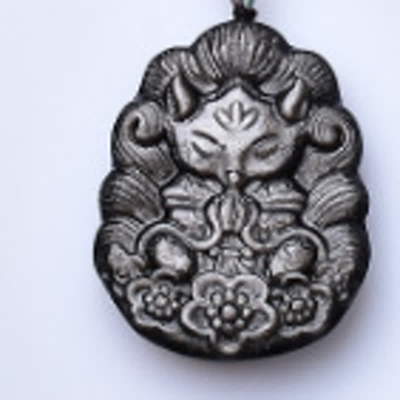 Buddha Stones Collar de protección tallado a mano con obsidiana negra y zorro de nueve colas - image 2