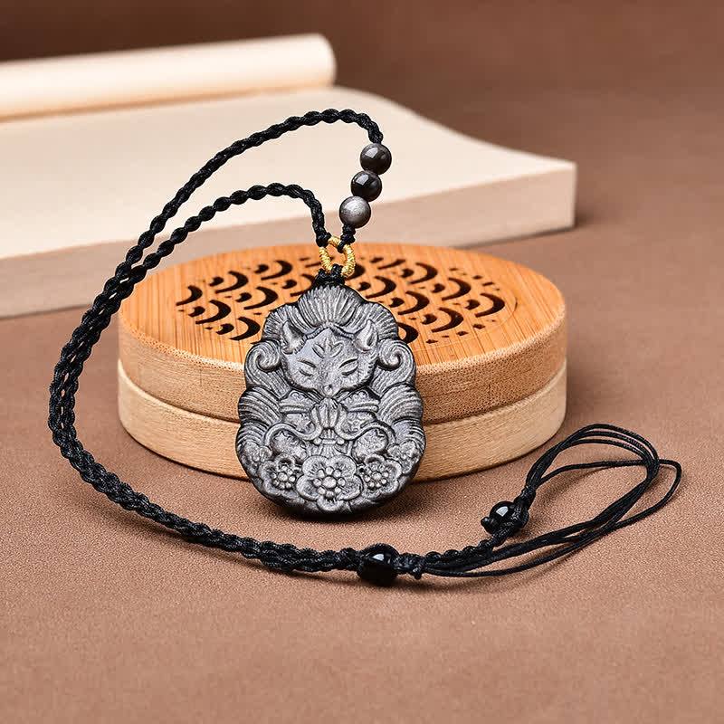 Buddha Stones Collar de protección tallado a mano con obsidiana negra y zorro de nueve colas - image 1