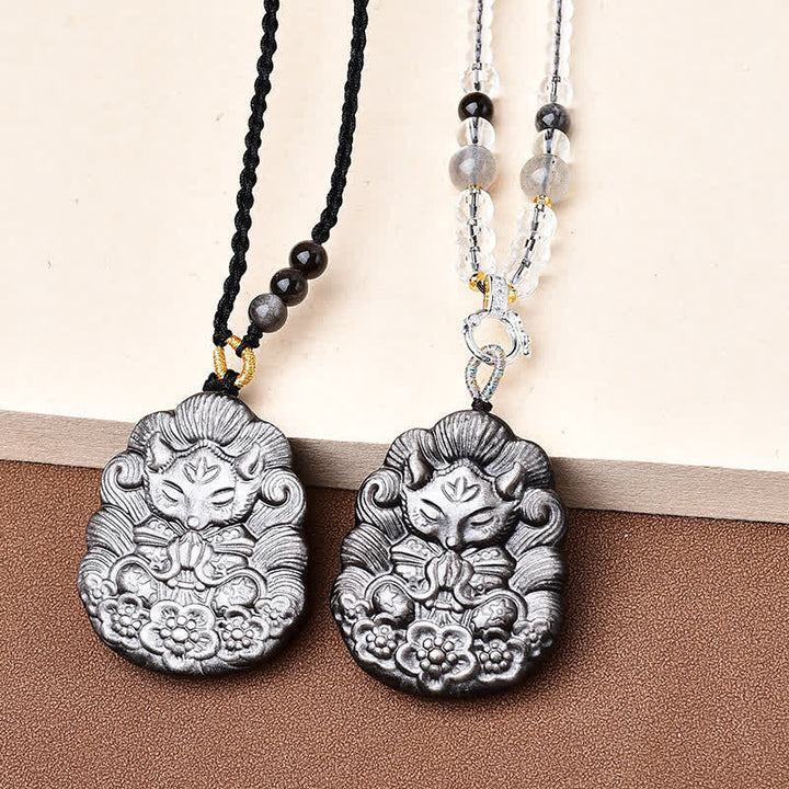 Buddha Stones Collar de protección tallado a mano con obsidiana negra y zorro de nueve colas - image 3