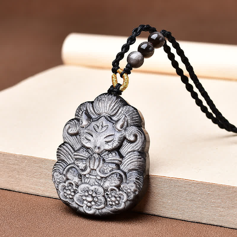 Buddha Stones Collar de protección tallado a mano con obsidiana negra y zorro de nueve colas - Obsidiana negra (Purificación♥Fuerza) - image 0