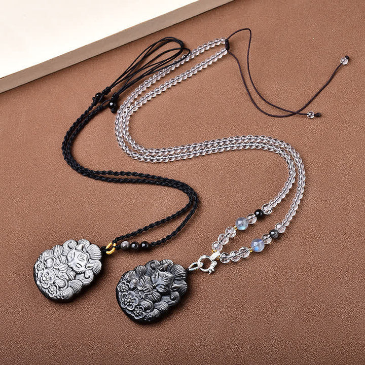 Buddha Stones Collar de protección tallado a mano con obsidiana negra y zorro de nueve colas - image 4