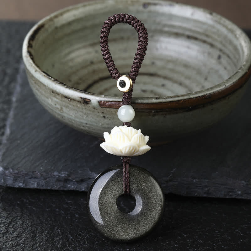 Buddha Stones Llaveros de protección con hebilla de loto de obsidiana arcoíris y paz - Llavero con hebilla de la paz de obsidiana con brillo dorado Lotus - Lotus - - Obsidiana arcoíris (cambios de color con la luz) - image 0