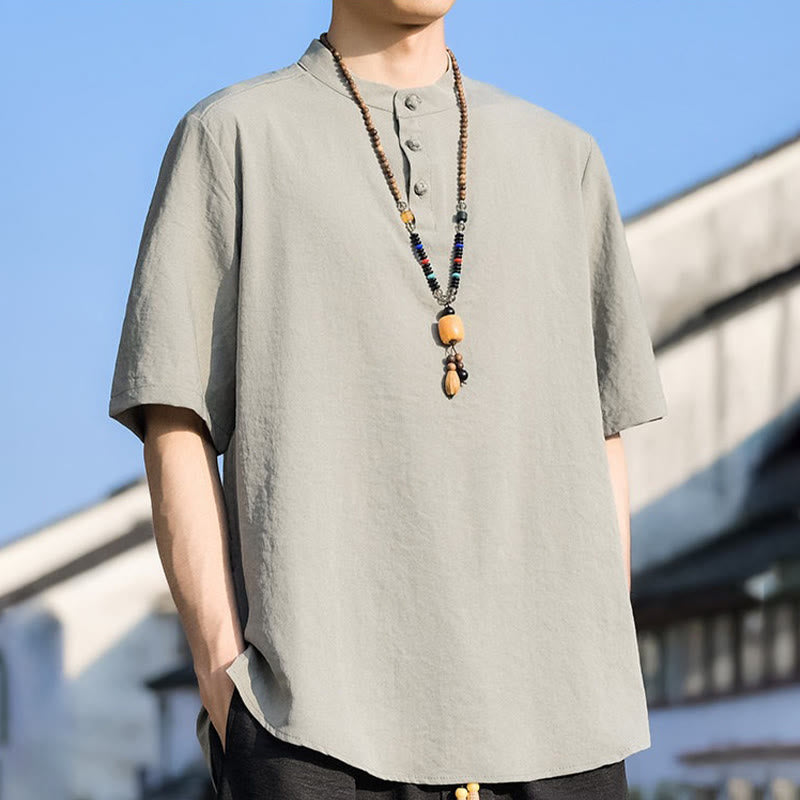 Buddha Stones Camisa de manga corta para hombre, color liso, con cuello mandarín y tres botones, estilo casual de verano. - image 1