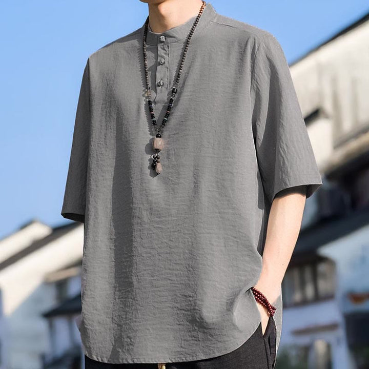 Buddha Stones Camisa de manga corta para hombre, color liso, con cuello mandarín y tres botones, estilo casual de verano. - image 16