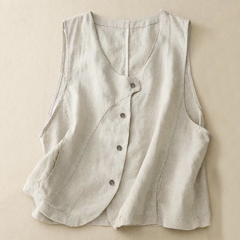 Buddha Stones Camiseta sin mangas de mujer con botones, estilo casual de verano y líneas minimalistas. - Beige - US12, UK/AU16, EU44 (2XL) - image 0