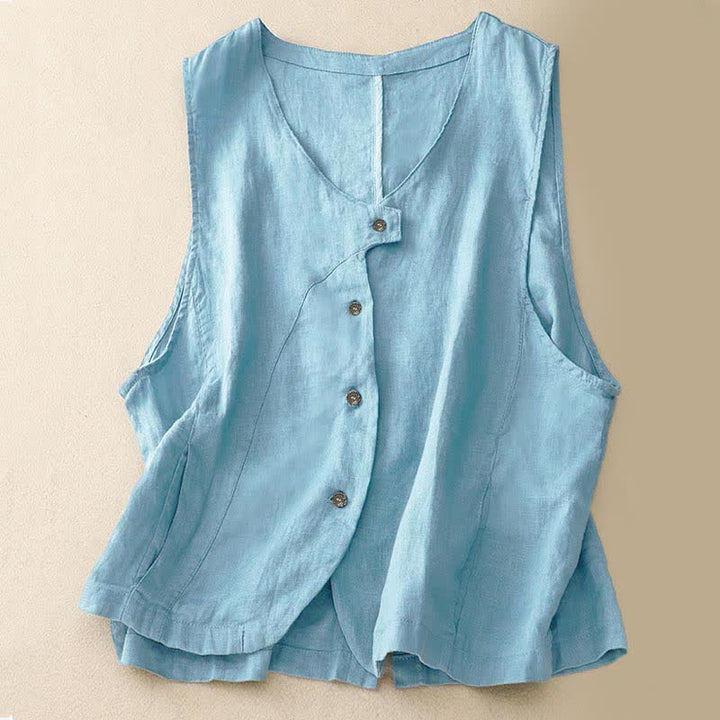 Buddha Stones Camiseta sin mangas de mujer con botones, estilo casual de verano y líneas minimalistas. - Azul cielo claro - US12, UK/AU16, EU44 (2XL) - image 11