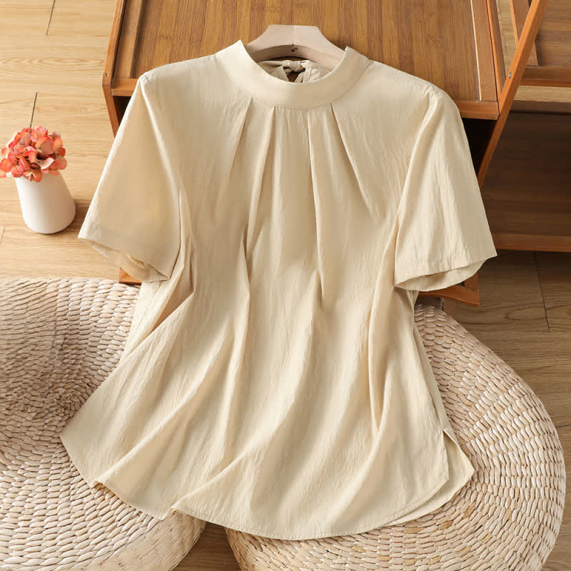 Buddha Stones Camisa de manga corta para mujer, color liso, con cuello redondo, pliegues frontales, cordones y abertura lateral, ideal para el verano. - Blanco antiguo - US12, UK/AU16, EU44 (2XL) - image 0