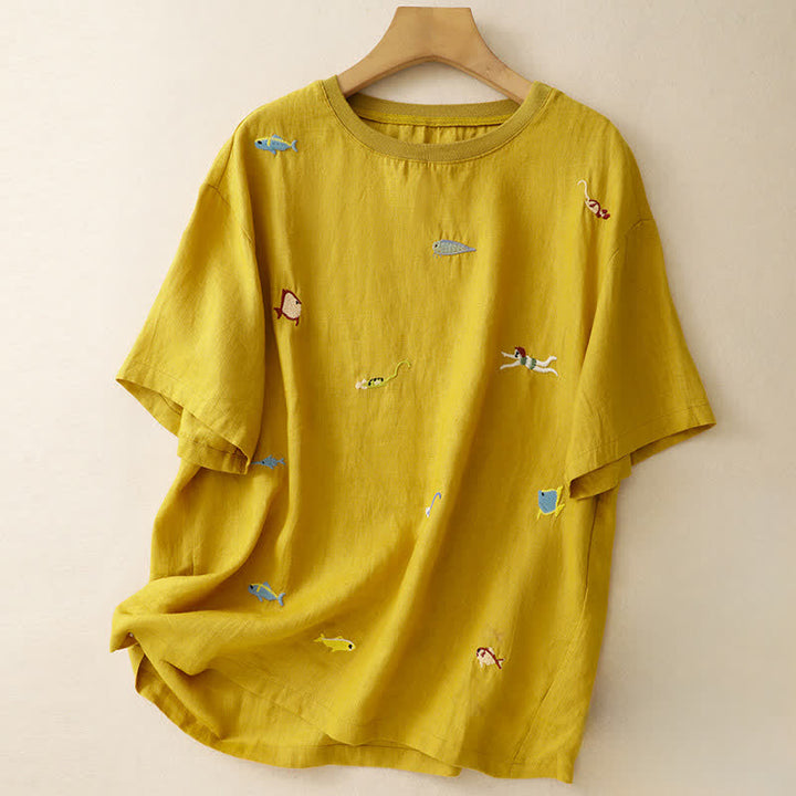 Buddha Stones Camisetas de manga corta para mujer con bordado de motivos de peces, estilo casual de verano. - vara de oro - US12, UK/AU16, EU44 (2XL) - image 0