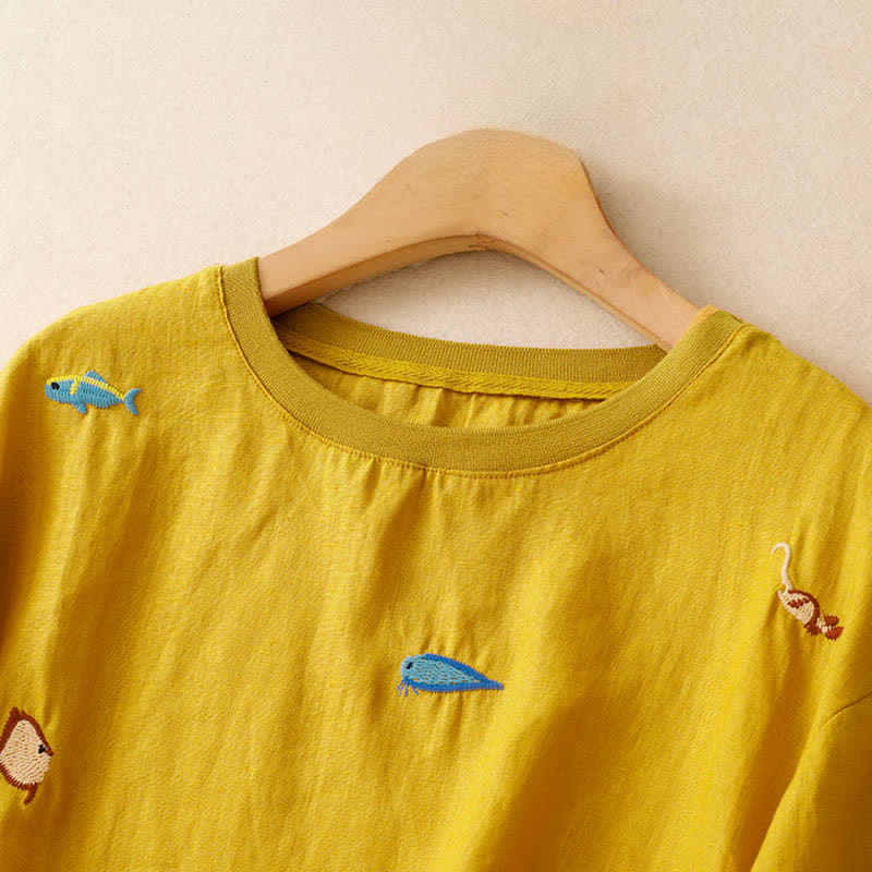 Buddha Stones Camisetas de manga corta para mujer con bordado de motivos de peces, estilo casual de verano. - image 2