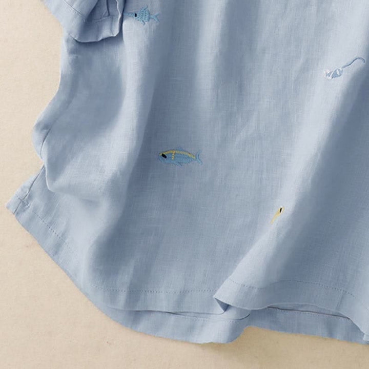 Buddha Stones Camisetas de manga corta para mujer con bordado de motivos de peces, estilo casual de verano. - image 15