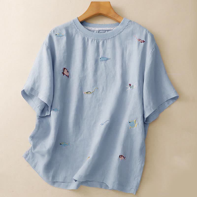 Buddha Stones Camisetas de manga corta para mujer con bordado de motivos de peces, estilo casual de verano. - Azul cielo claro - US12, UK/AU16, EU44 (2XL) - image 10