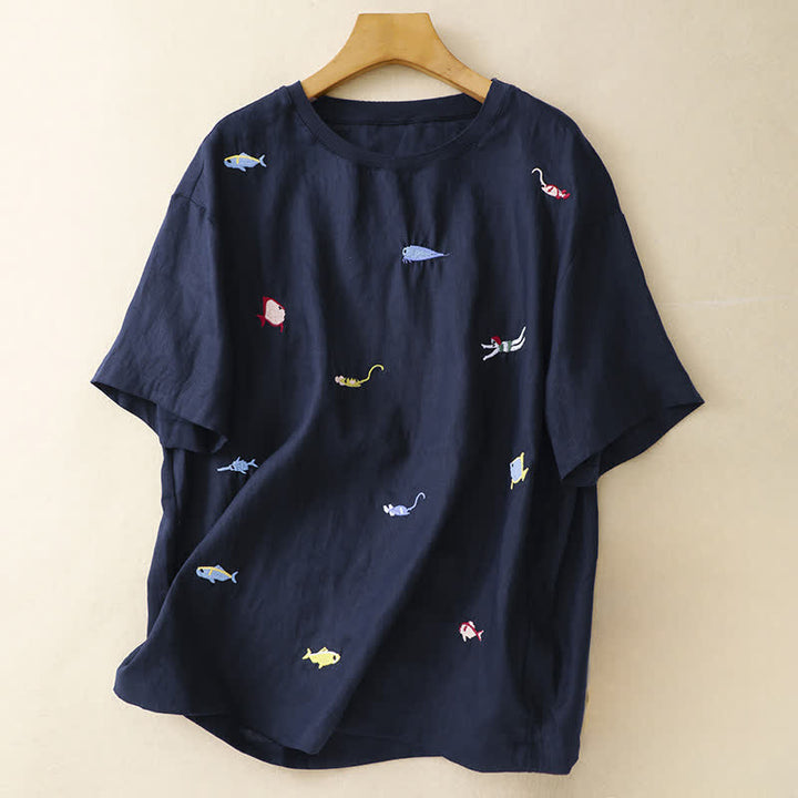 Buddha Stones Camisetas de manga corta para mujer con bordado de motivos de peces, estilo casual de verano. - Marina de guerra - US12, UK/AU16, EU44 (2XL) - image 16