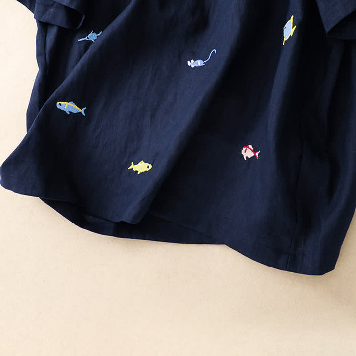 Buddha Stones Camisetas de manga corta para mujer con bordado de motivos de peces, estilo casual de verano. - image 20