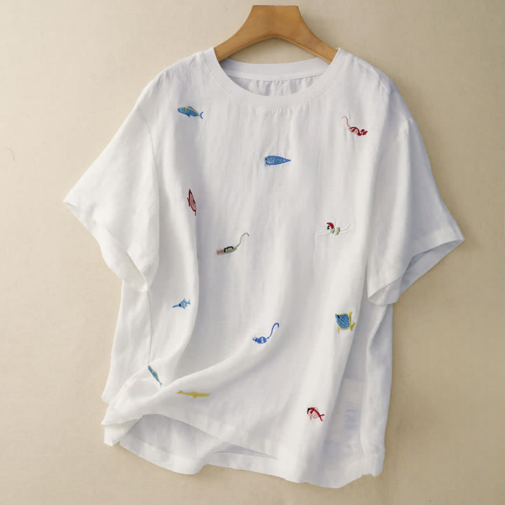 Buddha Stones Camisetas de manga corta para mujer con bordado de motivos de peces, estilo casual de verano. - Blanco - US12, UK/AU16, EU44 (2XL) - image 22