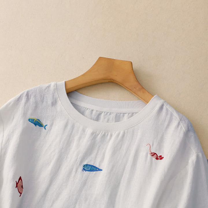 Buddha Stones Camisetas de manga corta para mujer con bordado de motivos de peces, estilo casual de verano. - image 23