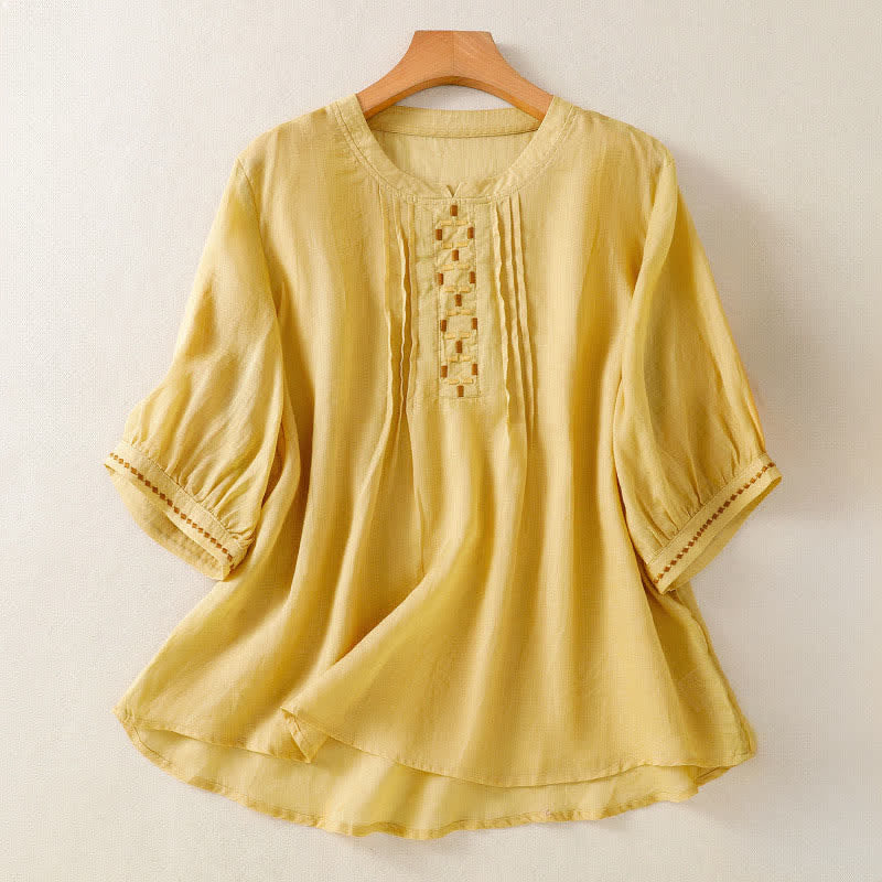 Buddha Stones Camisetas de manga corta para mujer, estilo casual de verano, con bordado liso y parte delantera plisada. - vara de oro - US12, UK/AU16, EU44 (2XL) - image 0