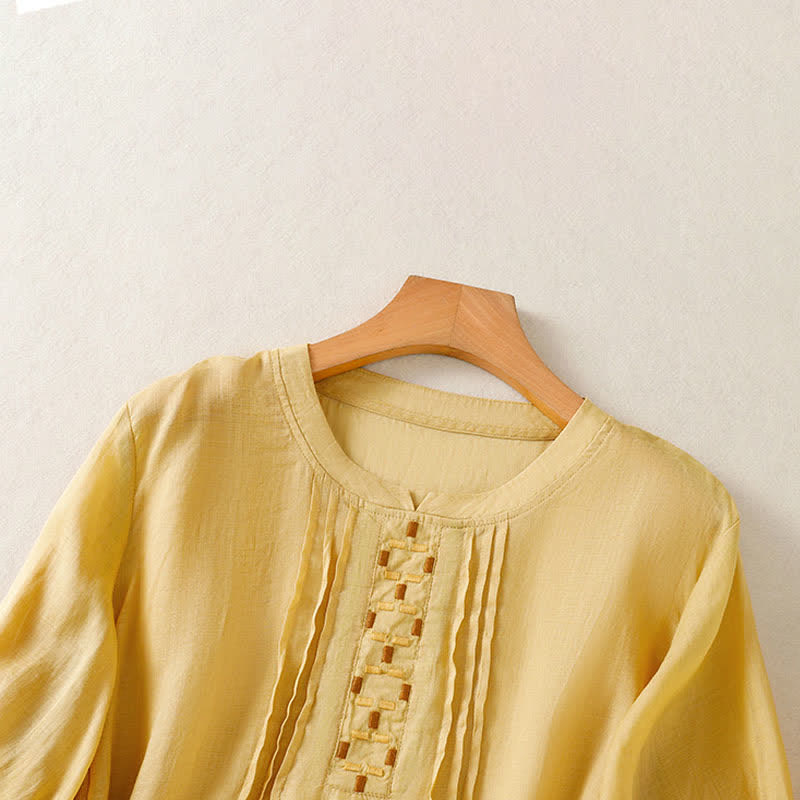 Buddha Stones Camisetas de manga corta para mujer, estilo casual de verano, con bordado liso y parte delantera plisada. - image 3
