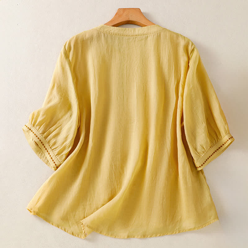 Buddha Stones Camisetas de manga corta para mujer, estilo casual de verano, con bordado liso y parte delantera plisada. - image 1