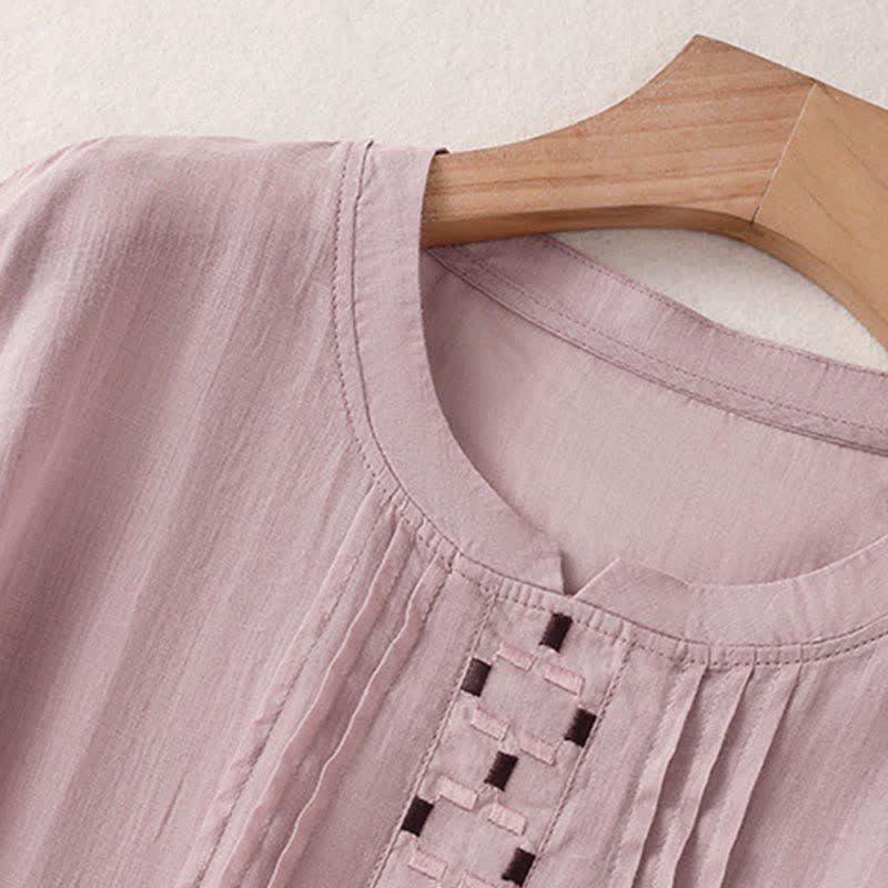 Buddha Stones Camisetas de manga corta para mujer, estilo casual de verano, con bordado liso y parte delantera plisada. - image 10