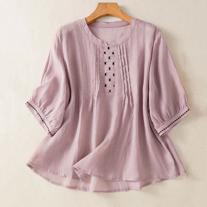 Buddha Stones Camisetas de manga corta para mujer, estilo casual de verano, con bordado liso y parte delantera plisada. - Cardo - US12, UK/AU16, EU44 (2XL) - image 8