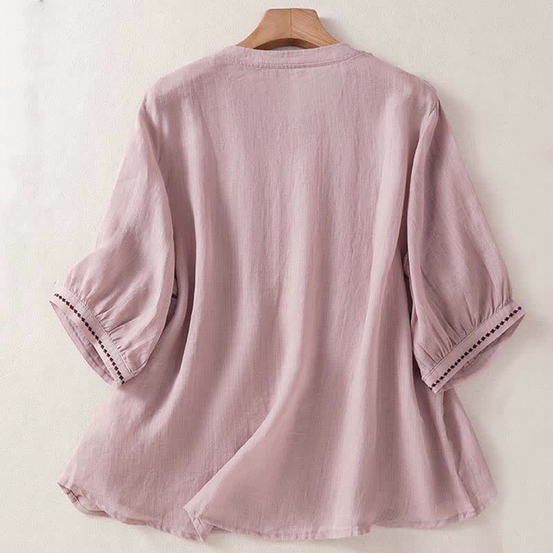 Buddha Stones Camisetas de manga corta para mujer, estilo casual de verano, con bordado liso y parte delantera plisada. - image 9