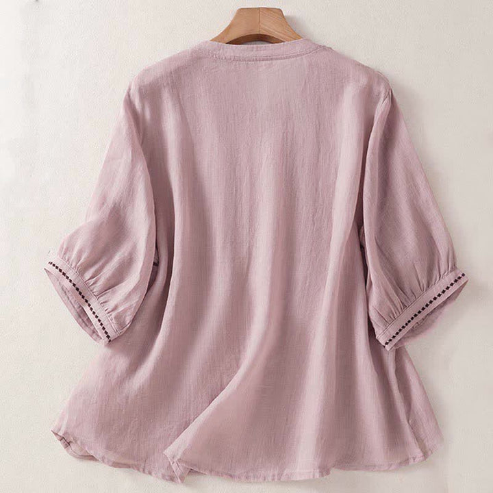 Buddha Stones Camisetas de manga corta para mujer, estilo casual de verano, con bordado liso y parte delantera plisada. - image 9