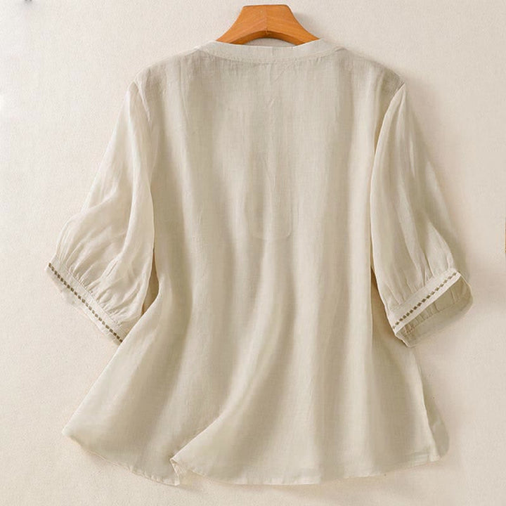 Buddha Stones Camisetas de manga corta para mujer, estilo casual de verano, con bordado liso y parte delantera plisada. - image 16