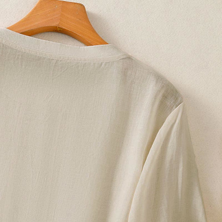 Buddha Stones Camisetas de manga corta para mujer, estilo casual de verano, con bordado liso y parte delantera plisada. - image 19