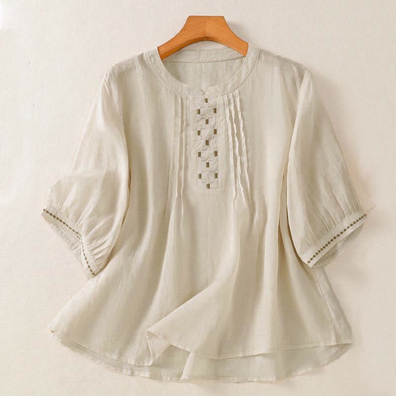 Buddha Stones Camisetas de manga corta para mujer, estilo casual de verano, con bordado liso y parte delantera plisada. - Blanco antiguo - US12, UK/AU16, EU44 (2XL) - image 15