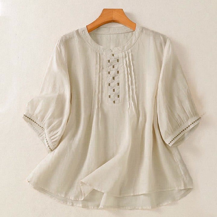 Buddha Stones Camisetas de manga corta para mujer, estilo casual de verano, con bordado liso y parte delantera plisada. - Blanco antiguo - US12, UK/AU16, EU44 (2XL) - image 15