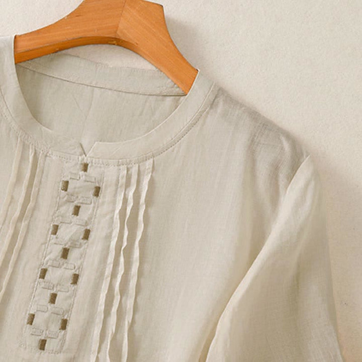 Buddha Stones Camisetas de manga corta para mujer, estilo casual de verano, con bordado liso y parte delantera plisada. - image 18
