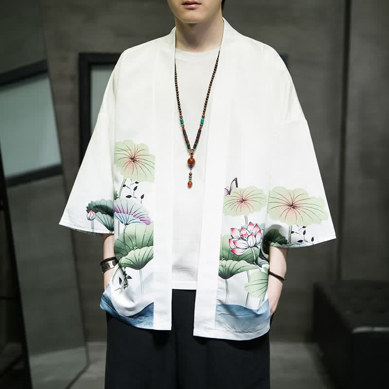 Buddha Stones Kimono de verano informal para hombre con estampado de hojas de loto, mariposas y grullas, con frente abierto. - Blanco - US/UK/AU48, EU58 (5XL) - image 0