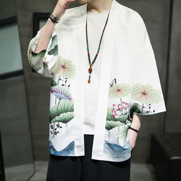 Buddha Stones Kimono de verano informal para hombre con estampado de hojas de loto, mariposas y grullas, con frente abierto. - image 9