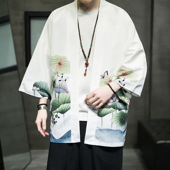 Buddha Stones Kimono de verano informal para hombre con estampado de hojas de loto, mariposas y grullas, con frente abierto. - image 8