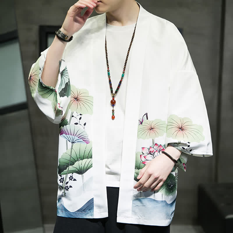 Buddha Stones Kimono de verano informal para hombre con estampado de hojas de loto, mariposas y grullas, con frente abierto. - image 10