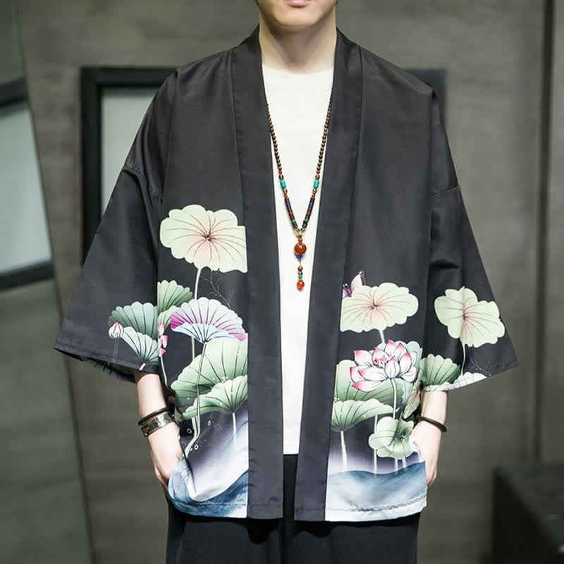 Buddha Stones Kimono de verano informal para hombre con estampado de hojas de loto, mariposas y grullas, con frente abierto. - Negro - US/UK/AU48, EU58 (5XL) - image 12