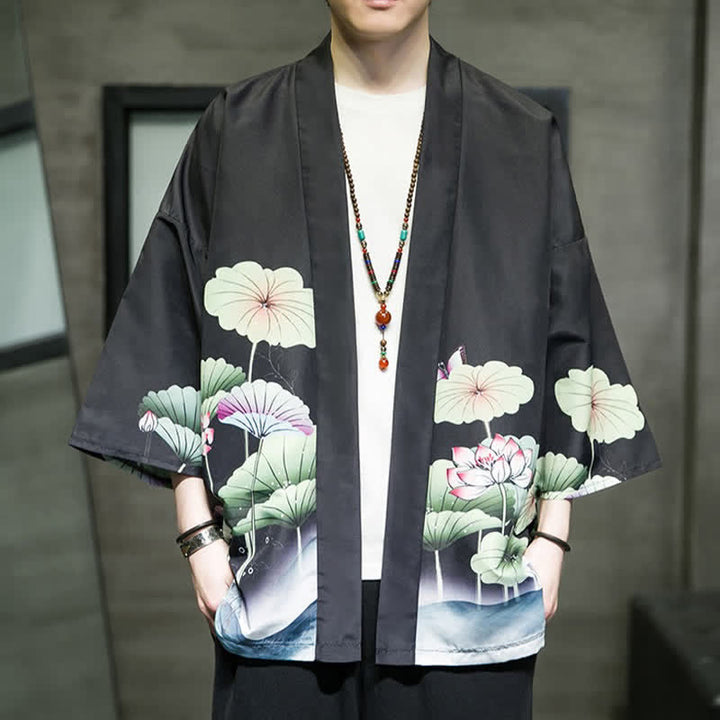 Buddha Stones Kimono de verano informal para hombre con estampado de hojas de loto, mariposas y grullas, con frente abierto. - Negro - US/UK/AU48, EU58 (5XL) - image 12