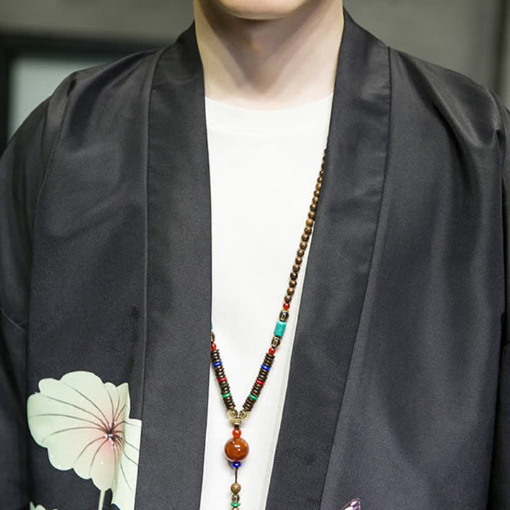 Buddha Stones Kimono de verano informal para hombre con estampado de hojas de loto, mariposas y grullas, con frente abierto. - image 21
