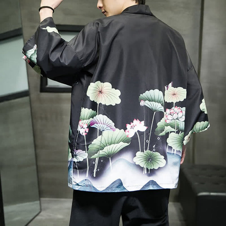 Buddha Stones Kimono de verano informal para hombre con estampado de hojas de loto, mariposas y grullas, con frente abierto. - image 20