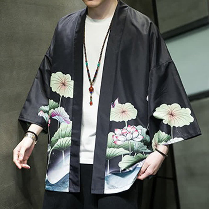 Buddha Stones Kimono de verano informal para hombre con estampado de hojas de loto, mariposas y grullas, con frente abierto. - image 18