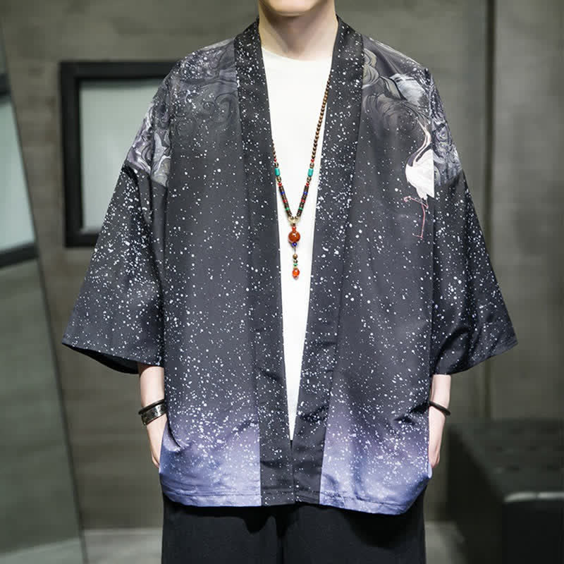 Buddha Stones Kimono de verano informal para hombre con estampado de hojas de loto, mariposas y grullas, con frente abierto. - Azul pizarra oscuro - US/UK/AU48, EU58 (5XL) - image 24