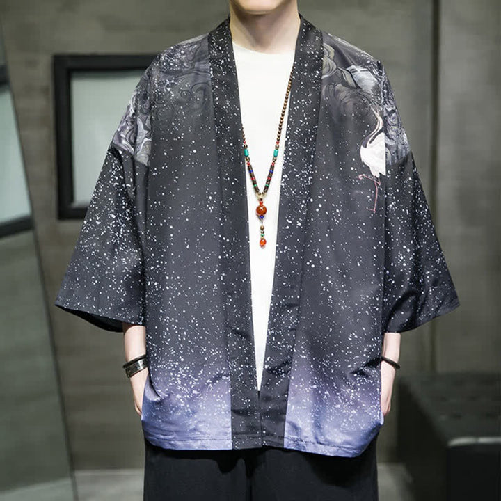 Buddha Stones Kimono de verano informal para hombre con estampado de hojas de loto, mariposas y grullas, con frente abierto. - Azul pizarra oscuro - US/UK/AU48, EU58 (5XL) - image 24