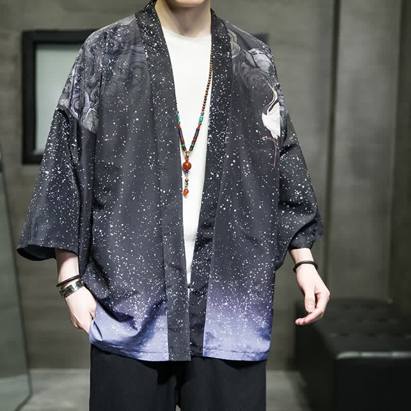 Buddha Stones Kimono de verano informal para hombre con estampado de hojas de loto, mariposas y grullas, con frente abierto. - image 27