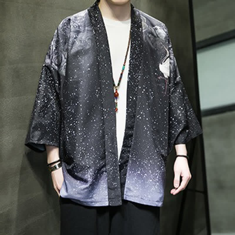 Buddha Stones Kimono de verano informal para hombre con estampado de hojas de loto, mariposas y grullas, con frente abierto. - image 28