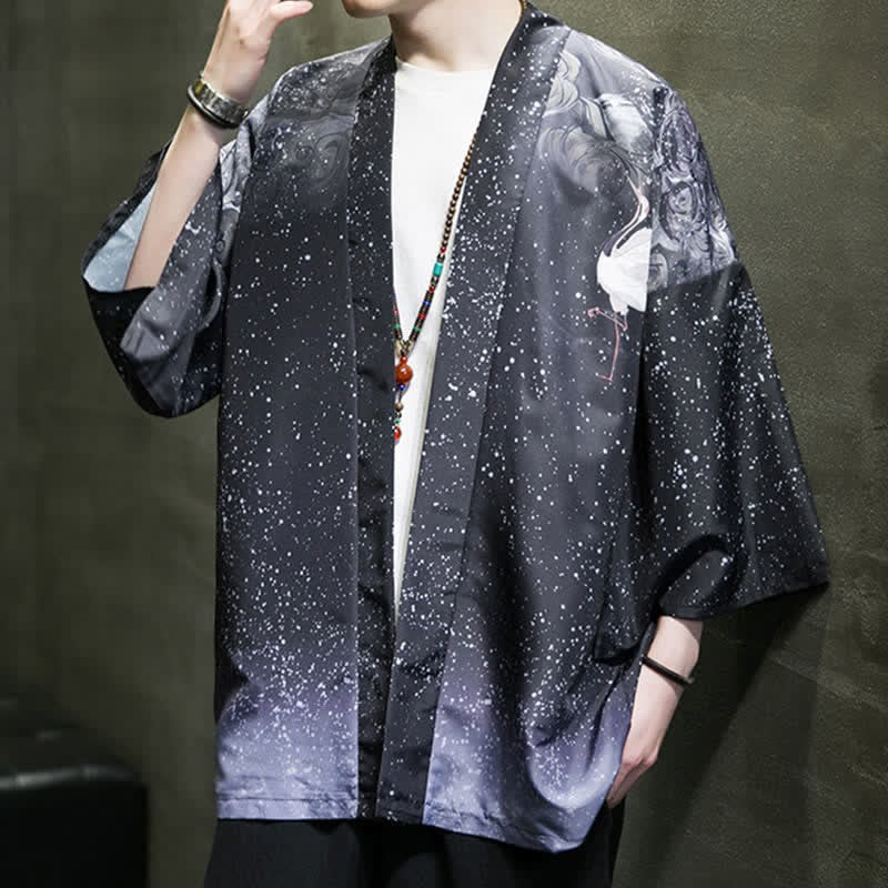 Buddha Stones Kimono de verano informal para hombre con estampado de hojas de loto, mariposas y grullas, con frente abierto. - image 25