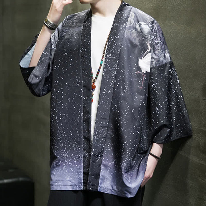 Buddha Stones Kimono de verano informal para hombre con estampado de hojas de loto, mariposas y grullas, con frente abierto. - image 25